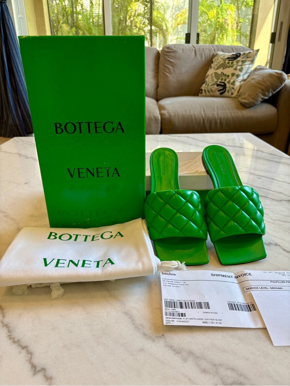 Bottega Veneta Parakeet Green Matelasse Quilted Leather Slide Sandals 7.5